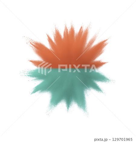 Vibrant burst of orange and teal powder creates dynamic, symmetrical explosion against transparency background, evoking sense of energy and creativity 129701965