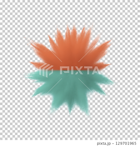 Vibrant burst of orange and teal powder creates dynamic, symmetrical explosion against transparency background, evoking sense of energy and creativity 129701965