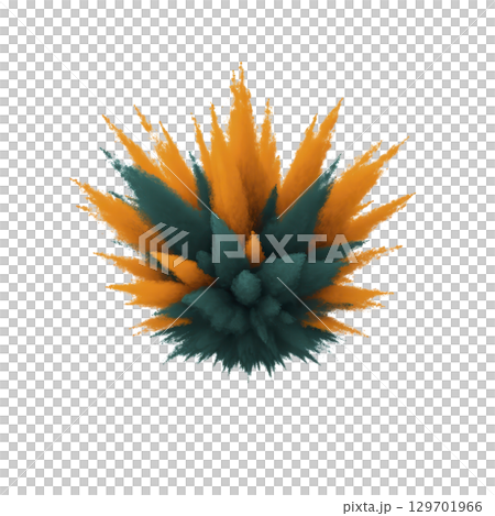 Vibrant abstract digital artwork featuring spiky, spherical shape with dynamic orange and teal colors, creating sense of energy and movement. design is set against plain background, highlighting 129701966