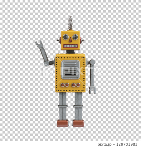 Vintage toy robot with yellow body and mechanical limbs stands waving, showcasing retro design with cheerful expression. Its metallic features and bright colors evoke nostalgia 129701983