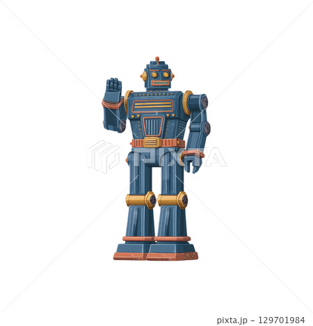 Vintage style robot toy with retro design, featuring blue and orange colors, stands with raised arm. robot has boxy shape and intricate details, evoking nostalgia 129701984
