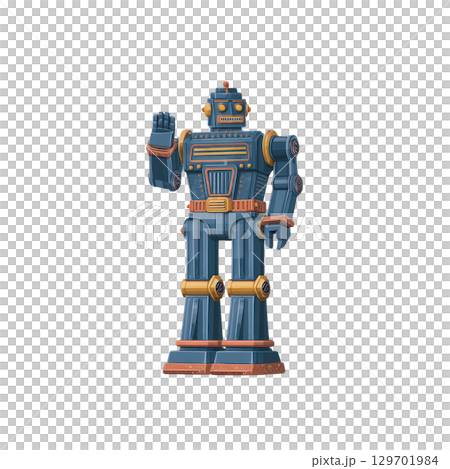 Vintage style robot toy with retro design, featuring blue and orange colors, stands with raised arm. robot has boxy shape and intricate details, evoking nostalgia 129701984