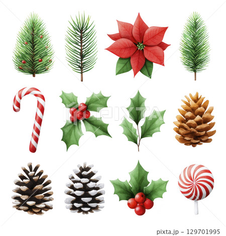 Festive Christmas icons featuring pine trees, poinsettia, candy canes, holly leaves, pine cones, and peppermint candy evoke holiday cheer 129701995
