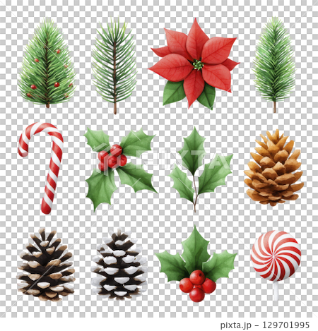 Festive Christmas icons featuring pine trees, poinsettia, candy canes, holly leaves, pine cones, and peppermint candy evoke holiday cheer 129701995