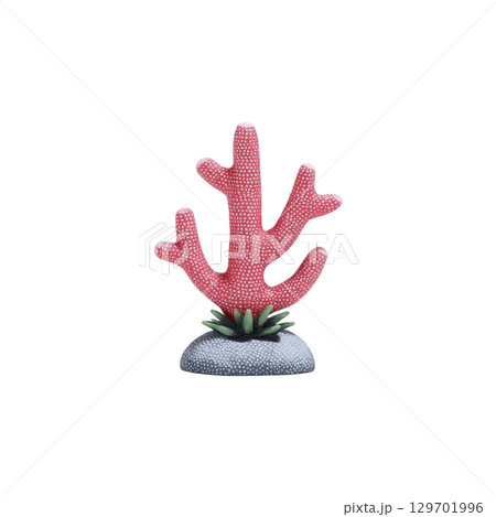 Vibrant red coral sculpture stands on textured base, showcasing intricate details and lifelike appearance. coral branches extend upwards, creating striking visual contrast against base 129701996
