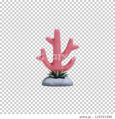 Vibrant red coral sculpture stands on textured base, showcasing intricate details and lifelike appearance. coral branches extend upwards, creating striking visual contrast against base 129701996