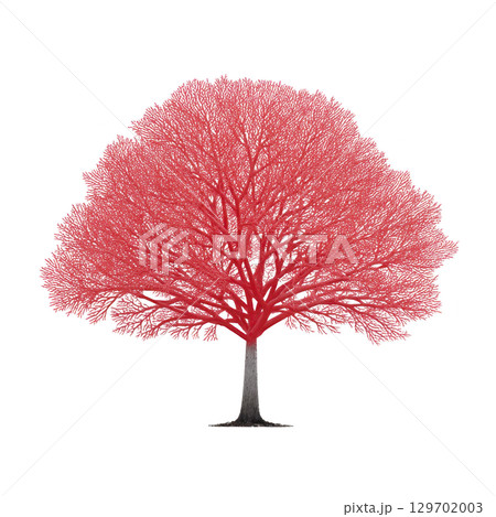 Vibrant red tree with intricate branches stands against plain background, showcasing its unique and striking appearance. tree vivid color and detailed structure create captivating visual 129702003