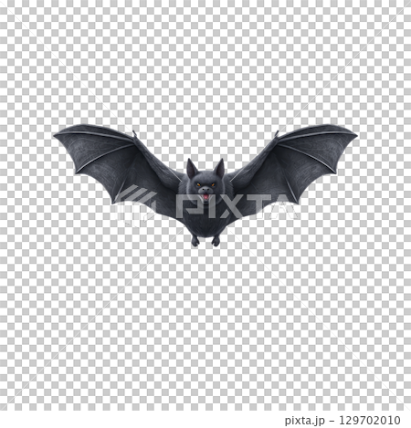 Black bat with outstretched wings flies against transparent background, showcasing its detailed features and sharp fangs. image captures bat in mid flight, emphasizing its nocturnal nature 129702010