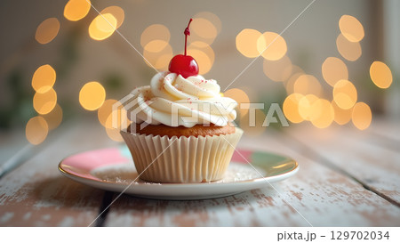 Delicious cupcake with white frosting and a cherry on top on a wooden table with bokeh lights Delicious cupcake with white frosting and a cherry on top on a wooden table with bokeh lights 129702034