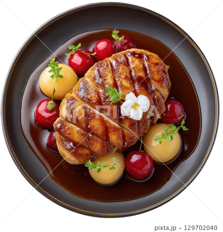 Crispy Chicken Skin on Smoked Cherry Puree with Glazed Shallots and Cherry Balsamic Jus - Fine Dining Presentation 129702040