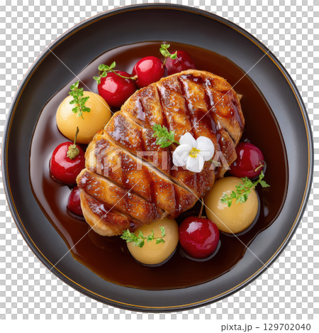 Crispy Chicken Skin on Smoked Cherry Puree with Glazed Shallots and Cherry Balsamic Jus - Fine Dining Presentation 129702040