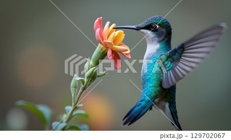 Hummingbird enjoys flower nectar in the natural habitat creating an amazing image of nature's beauty 129702067