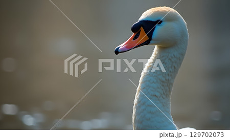 Elegant swan portrait showcasing graceful neck and vibrant beak with blurred background capturing natural beauty and serenity 129702073