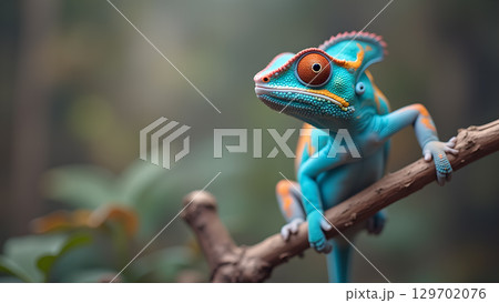 Captivating Chameleon Perched Gracefully on a Branch Showcasing its Vibrant Turquoise and Orange Hues in Nature Captivating Chameleon Perched Gracefully on a Branch Showcasing its Vibrant Turquoise and Orange Hues in Nature 129702076