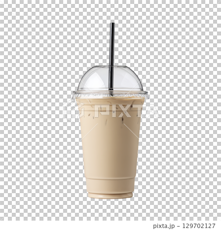 Plastic cup filled with iced coffee, featuring clear dome lid and black straw, isolated on transparency background. drink appears refreshing and ready to enjoy 129702127
