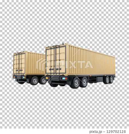 Two large cargo trucks with beige containers are parked side by side, showcasing their rear views. trucks are designed for transporting goods, emphasizing logistics and transportation efficiency Two large cargo trucks with beige containers are parked side by side, showcasing their rear views. trucks are designed for transporting goods, emphasizing logistics and transportation efficiency 129702128