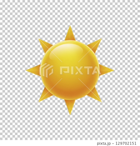 Bright yellow sun icon with eight triangular rays radiating outward, symbolizing warmth and sunny weather. glossy appearance adds cheerful and vibrant touch 129702151