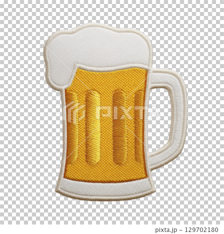 Patch design of frothy beer mug with handle, featuring golden yellow color and white foam on top, symbolizing refreshment and celebration 129702180