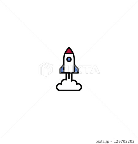 Simple rocket icon with red tip and blue fins launches upward, leaving trail of smoke. minimalist design conveys sense of adventure and innovation Simple rocket icon with red tip and blue fins launches upward, leaving trail of smoke. minimalist design conveys sense of adventure and innovation 129702202