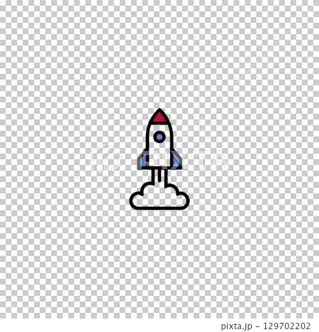 Simple rocket icon with red tip and blue fins launches upward, leaving trail of smoke. minimalist design conveys sense of adventure and innovation 129702202