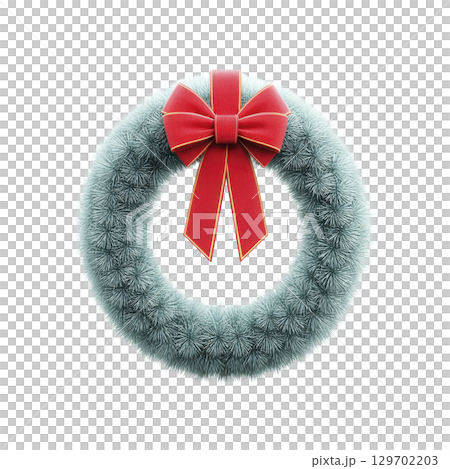 Festive Christmas wreath adorned with vibrant red bow, featuring lush green pine needles, perfect for holiday decoration Festive Christmas wreath adorned with vibrant red bow, featuring lush green pine needles, perfect for holiday decoration 129702203