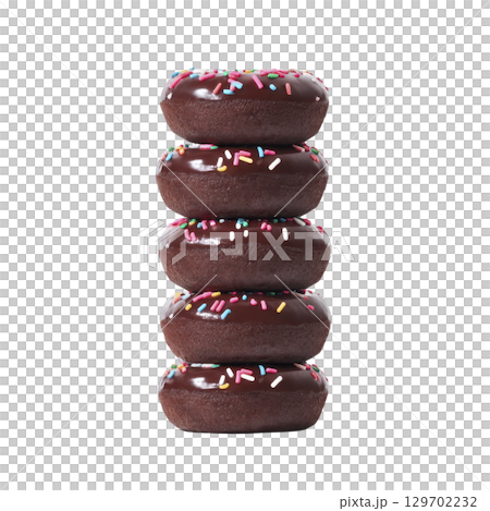 Stack of five chocolate donuts with colorful sprinkles is arranged vertically, creating tempting and playful display. glossy chocolate glaze adds rich texture 129702232