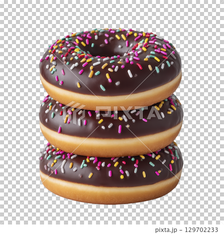 Three stacked chocolate glazed donuts with colorful sprinkles create tempting and delightful treat. glossy chocolate coating and vibrant sprinkles add playful touch 129702233