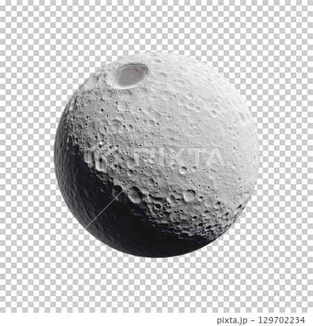 This shows heavily cratered moon like celestial body with prominent large crater, resembling natural satellite. surface is covered in numerous smaller craters, indicating history of impacts 129702234