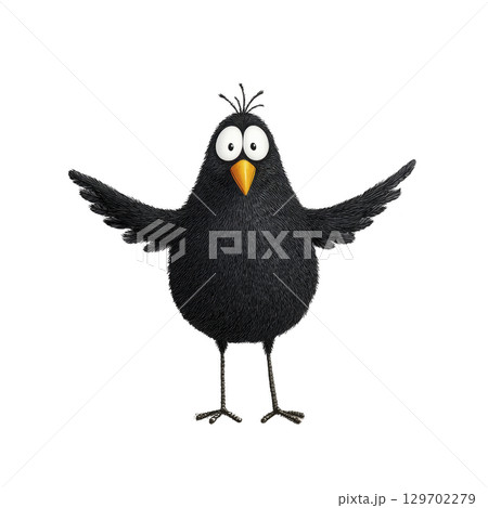 Cartoon black bird with wide eyes and orange beak stands with its wings spread, conveying surprised expression. bird simple design and fluffy texture add to its charm 129702279