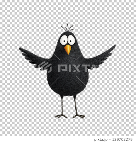 Cartoon black bird with wide eyes and orange beak stands with its wings spread, conveying surprised expression. bird simple design and fluffy texture add to its charm 129702279