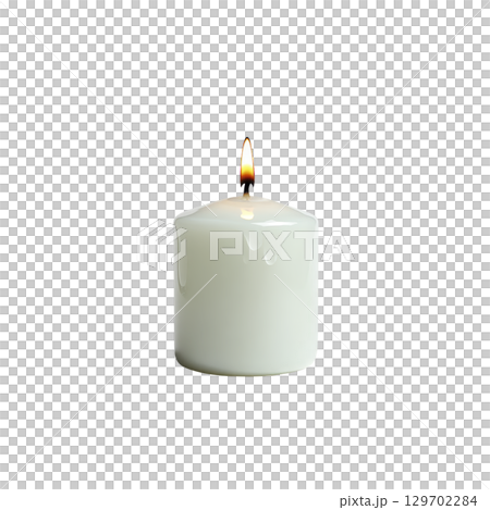 White candle with gentle flame burns softly, creating warm and calming atmosphere. wax appears smooth and slightly glossy, with few drips visible on surface 129702284