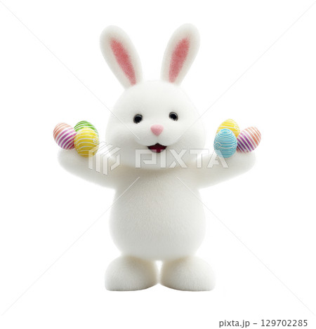 Cute, fluffy white bunny joyfully holds colorful Easter eggs in its paws, showcasing festive and cheerful atmosphere. bunny playful expression adds to holiday spirit Cute, fluffy white bunny joyfully holds colorful Easter eggs in its paws, showcasing festive and cheerful atmosphere. bunny playful expression adds to holiday spirit 129702285