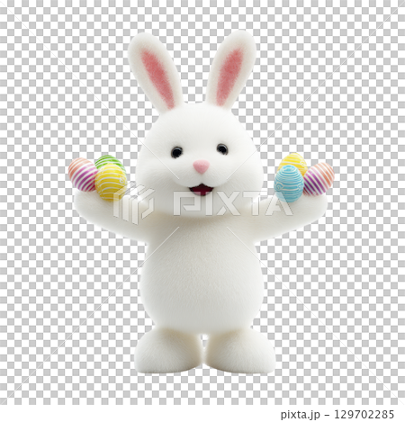 Cute, fluffy white bunny joyfully holds colorful Easter eggs in its paws, showcasing festive and cheerful atmosphere. bunny playful expression adds to holiday spirit Cute, fluffy white bunny joyfully holds colorful Easter eggs in its paws, showcasing festive and cheerful atmosphere. bunny playful expression adds to holiday spirit 129702285