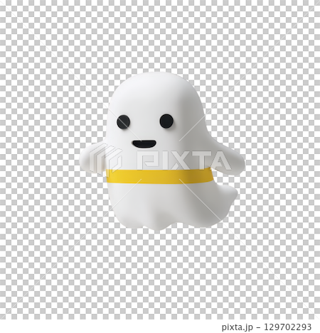 Cute, smiling cartoon ghost with yellow belt floats against transparent background, evoking playful and whimsical Halloween theme 129702293