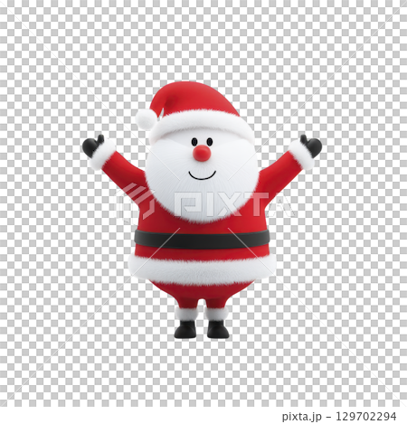Cheerful cartoon Santa Claus with big smile and open arms, wearing classic red suit and hat, stands against transparency background. image conveys festive and joyful holiday spirit 129702294