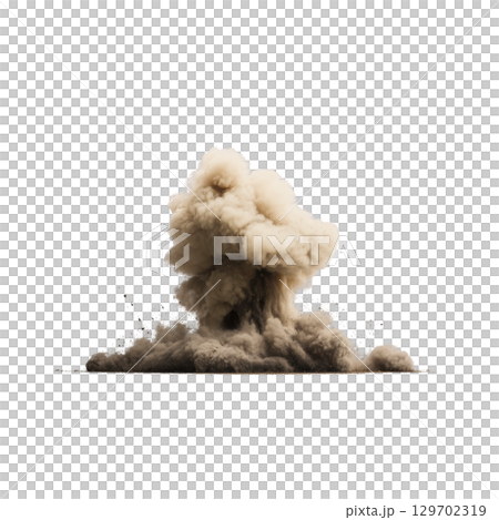 Large cloud of dust and smoke rises dramatically from ground, creating dynamic and powerful visual effect. explosion is isolated on transparency background, emphasizing its intensity Large cloud of dust and smoke rises dramatically from ground, creating dynamic and powerful visual effect. explosion is isolated on transparency background, emphasizing its intensity 129702319