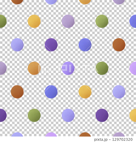 Colorful polka dot pattern with vibrant circles on transparency background, creating playful and lively design. dots are arranged in grid, featuring shades of purple, green, blue, and orange 129702320