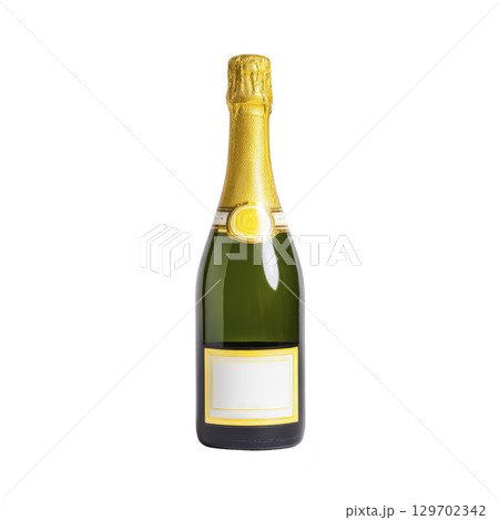 Bottle of champagne with gold foil top and blank label stands against transparency background, exuding elegance and celebration 129702342