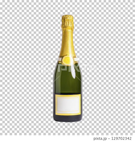 Bottle of champagne with gold foil top and blank label stands against transparency background, exuding elegance and celebration 129702342