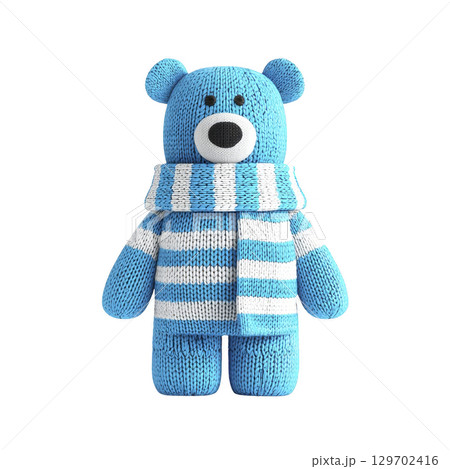Cute knitted blue teddy bear wearing striped scarf stands against transparency background, showcasing cozy and playful design 129702416