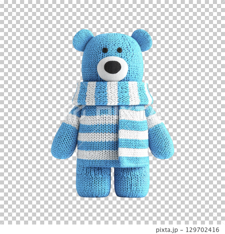 Cute knitted blue teddy bear wearing striped scarf stands against transparency background, showcasing cozy and playful design 129702416