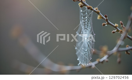 Delicate dew drops clinging to a spider web, capturing the beauty of nature's intricate designs and early morning moments 129702456