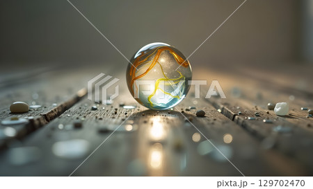 A captivating crystal ball with swirling patterns resting on a rustic wooden surface with stones and drops 129702470
