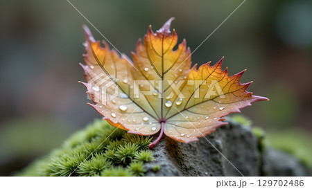 Maple leaf covered with water droplets resting on moss covered stone in autumn season 129702486