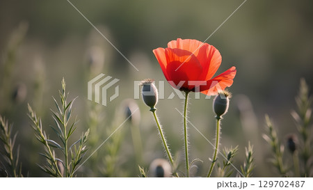 Beautiful red poppy flower in a field, summer meadow with blooming poppies and bokeh, natural beauty Beautiful red poppy flower in a field, summer meadow with blooming poppies and bokeh, natural beauty 129702487