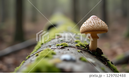 Amanita mushroom growing on a mossy log in a forest setting with shallow depth of field 129702488