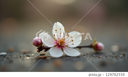 Delicate white cherry blossom with pink accents resting on rough textured surface creates a serene springtime scene 129702550