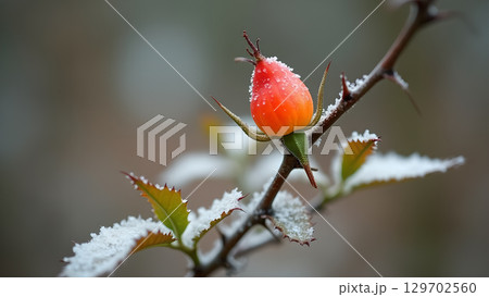 A lone rose bud covered in frost clings to its thorny branch in winter's embrace 129702560
