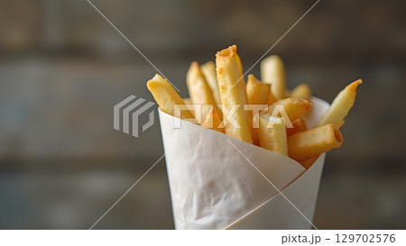 Delicious crispy french fries served in white paper cone create fast food temptation experience Delicious crispy french fries served in white paper cone create fast food temptation experience 129702576