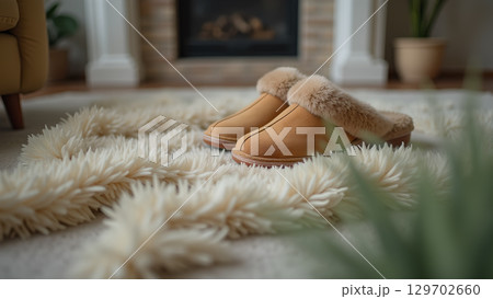 Cozy home scene showcasing fuzzy slippers on a fluffy rug with fireplace backdrop portraying comfort Cozy home scene showcasing fuzzy slippers on a fluffy rug with fireplace backdrop portraying comfort 129702660